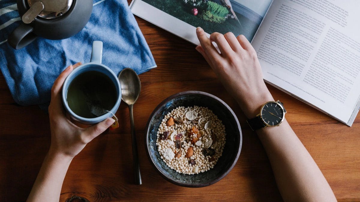 aerial view of personal reading with coffee and healthy breakfast